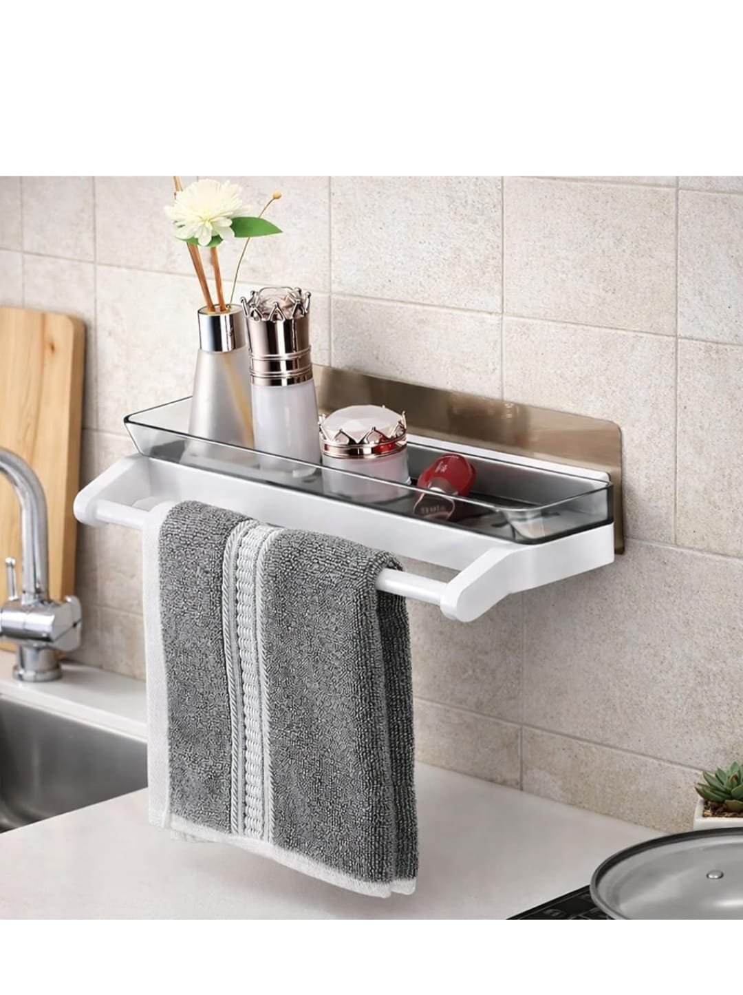 Multipurpose Wall-Mounted Bathroom Shelf with Towel Bar / Hanger